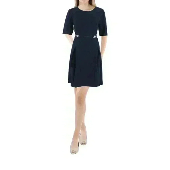 TOMMY HILFIGER Womens Black Belted Short Sleeve Fit And Flare Dress 2 - Picture 1 of 11